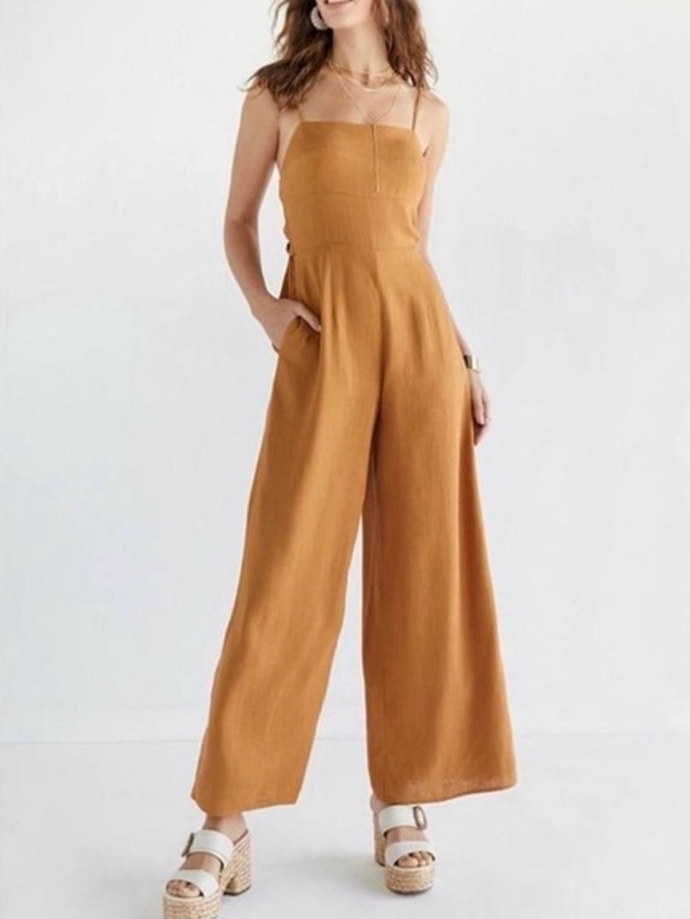 Linen Blend Wide Leg S‎ Jumpsuit Caramel Tie Back Coastal Boho Pockets Coastal